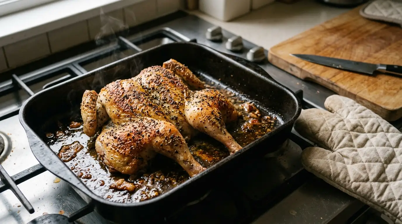 Spatchcocked whole chicken with a cracked pepper crust in a roasting pan