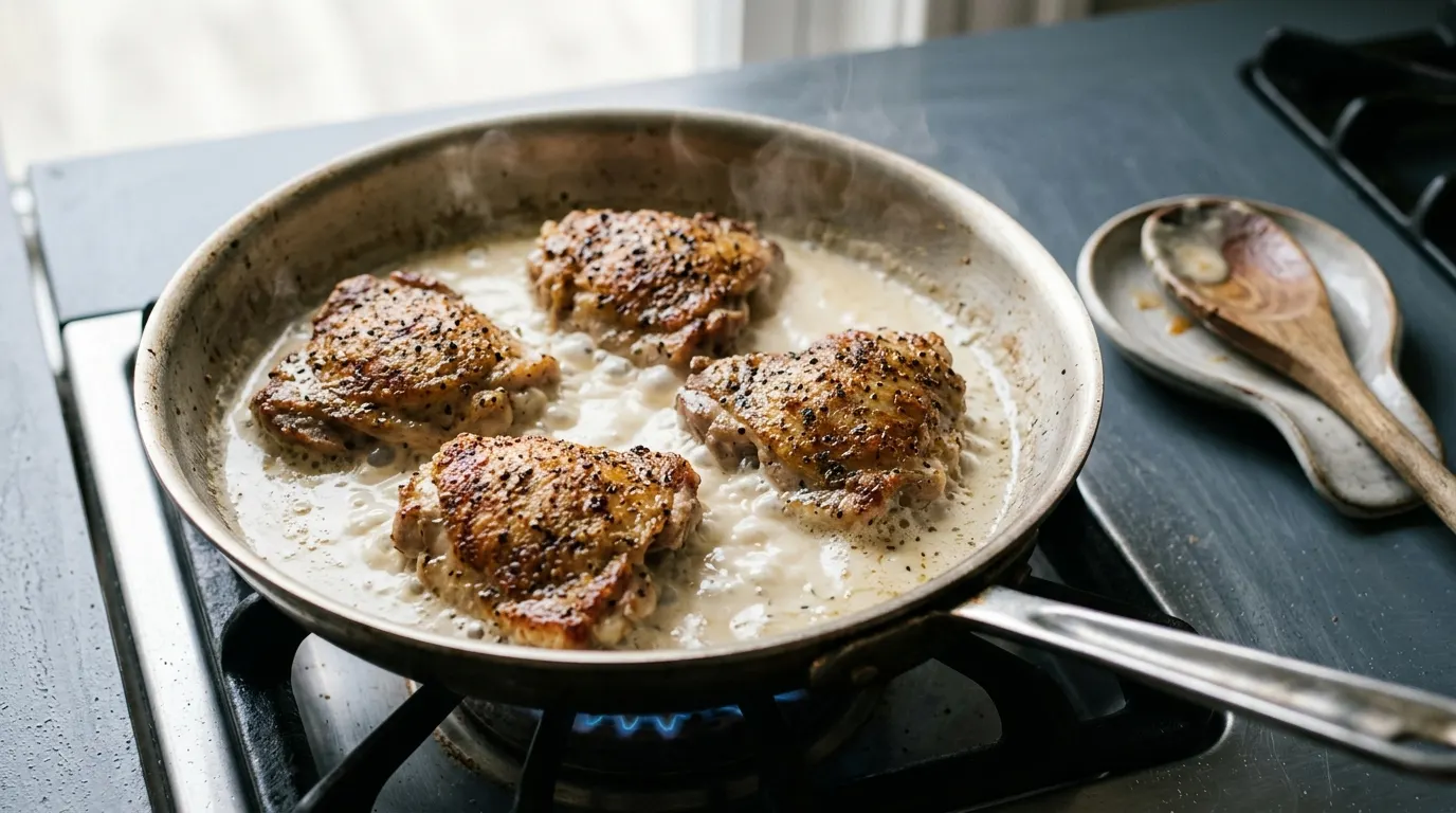 Pepper crusted chicken thighs simmering in cream sauce in a skillet