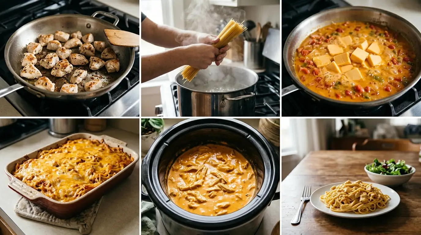 Collage showing chicken spaghetti with Velveeta from skillet to finished casserole