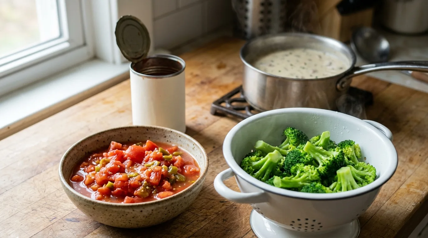 Diced tomatoes with green chiles and steamed broccoli ready for chicken spaghetti