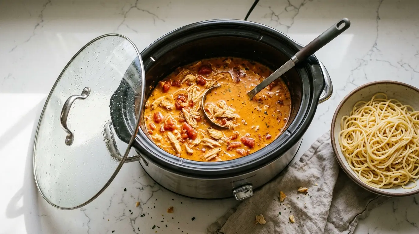 Slow cooker of cheese sauce and chicken next to a bowl of cooked spaghetti