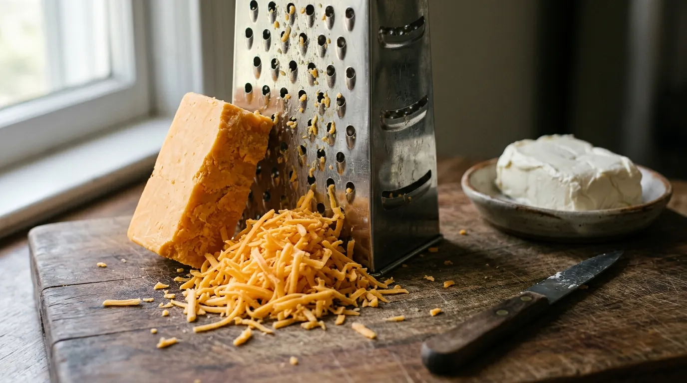 Block of cheddar being grated beside cream cheese for a sauce without Velveeta