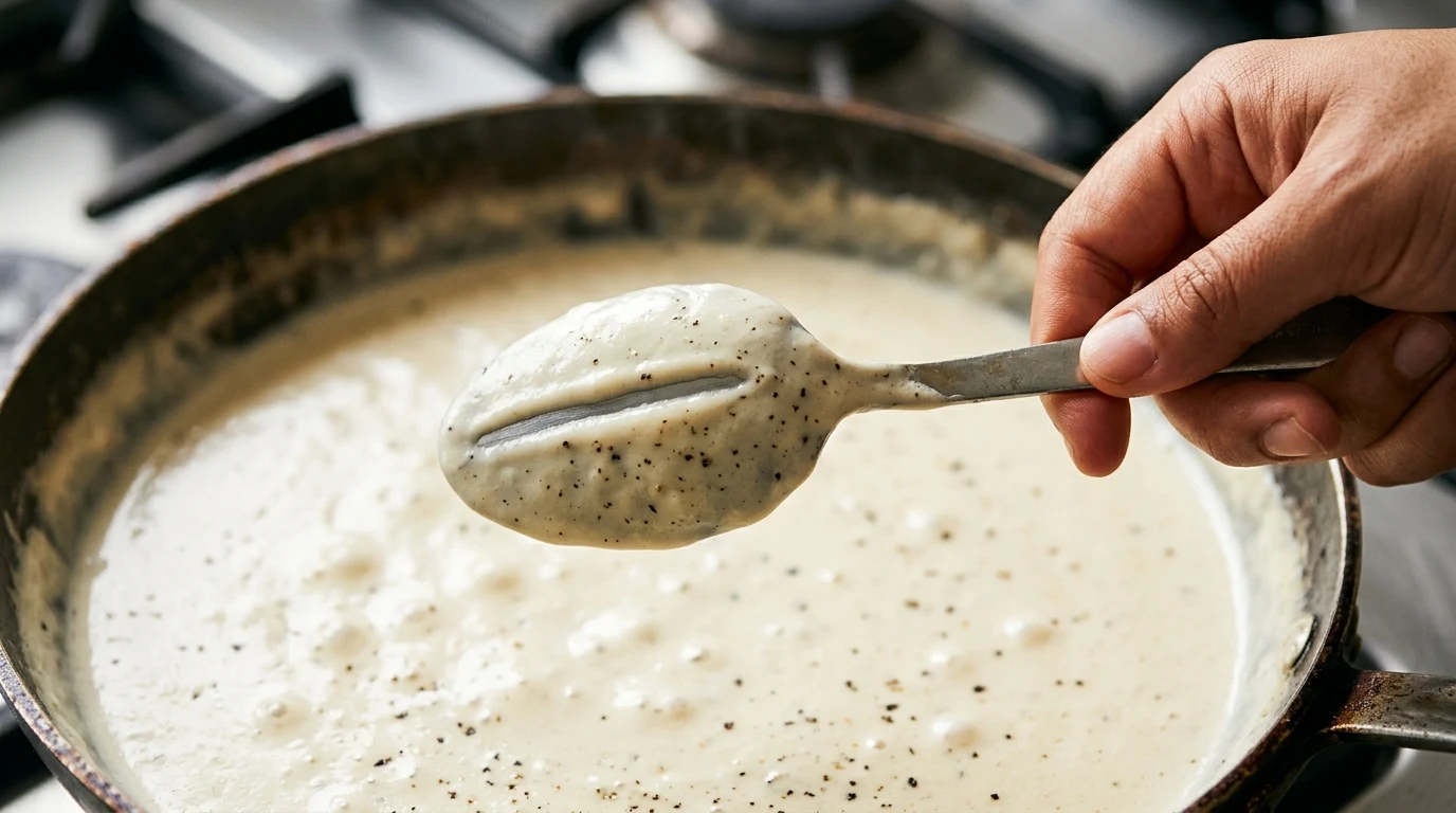 Spoon coated in peppercorn cream sauce with a clean line drawn across the back