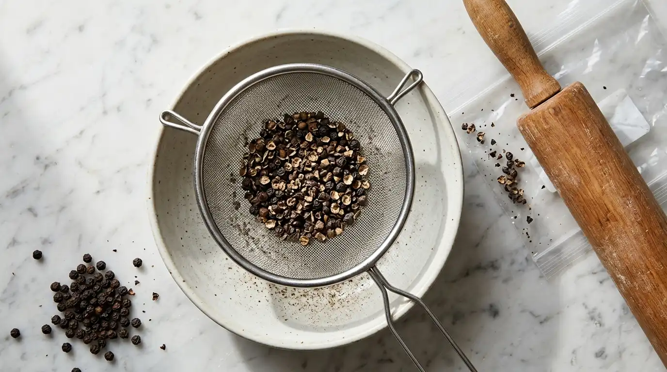 Coarsely cracked black peppercorns in a sieve over a bowl beside a rolling pin