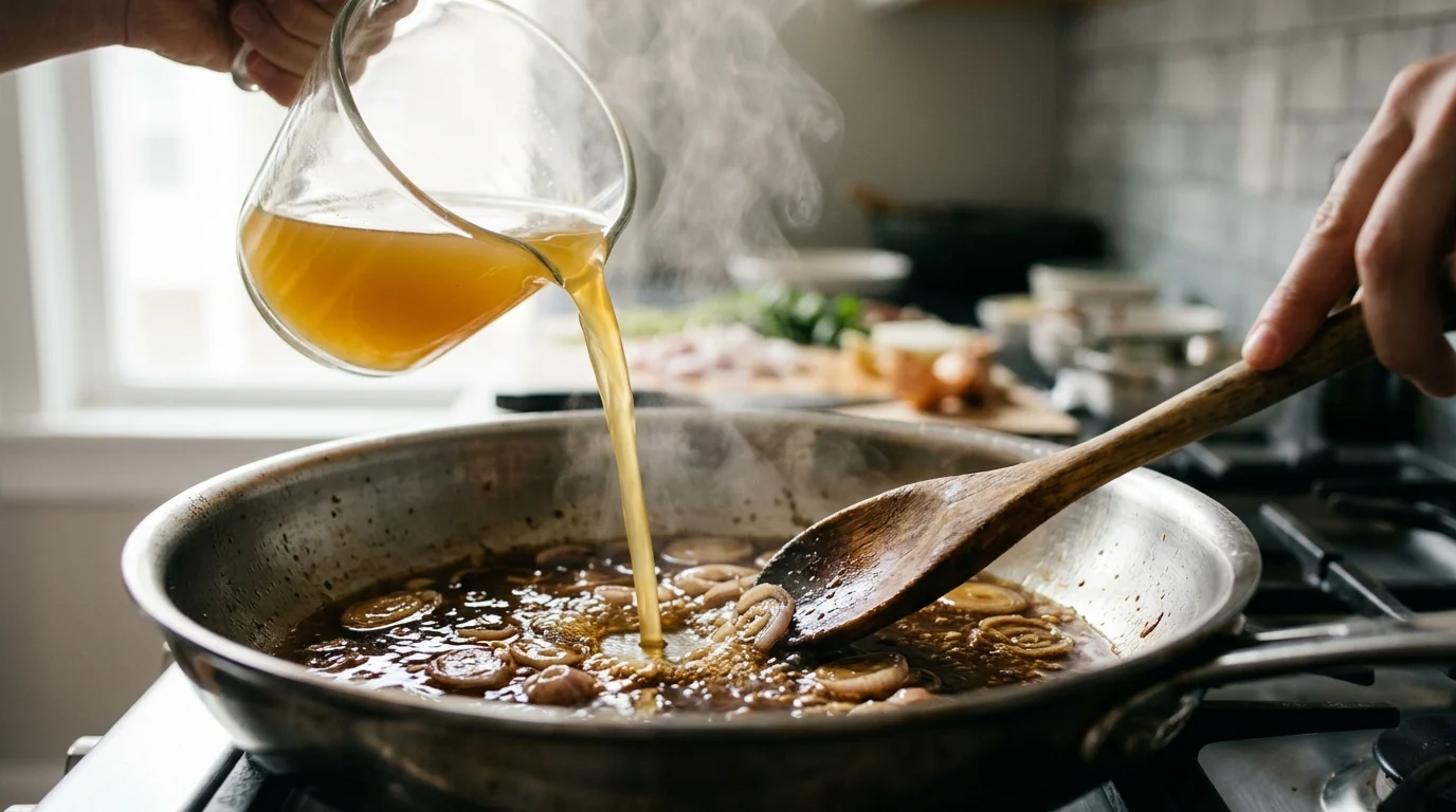 Chicken broth being poured into a skillet while the browned bits are scraped up