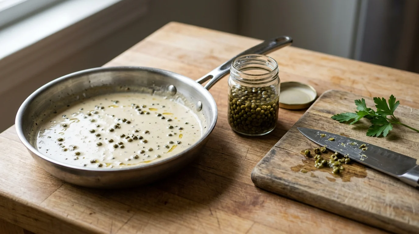 Cream sauce with green peppercorns next to a jar of peppercorns in brine