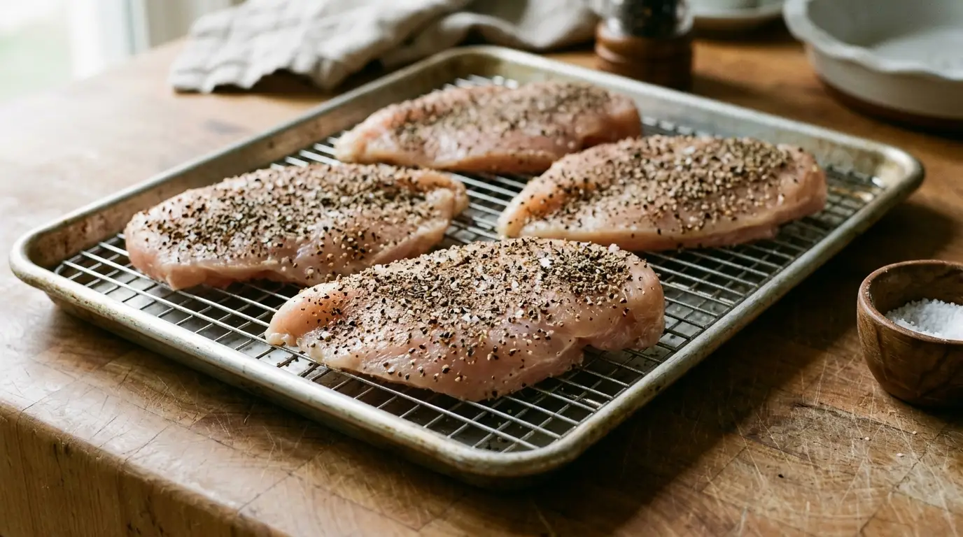 Raw chicken breasts with a pressed pepper crust resting on a wire rack