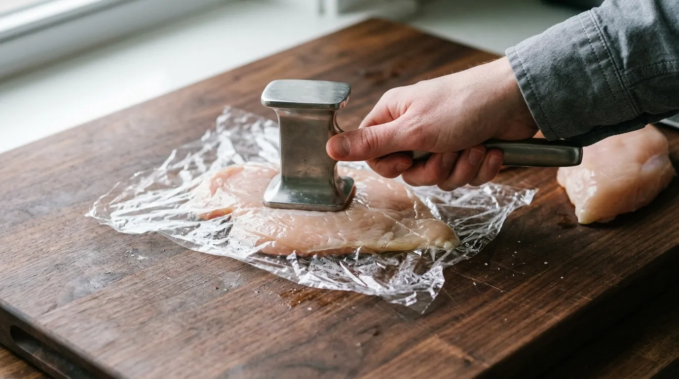 Chicken breast being flattened with a meat mallet between plastic wrap