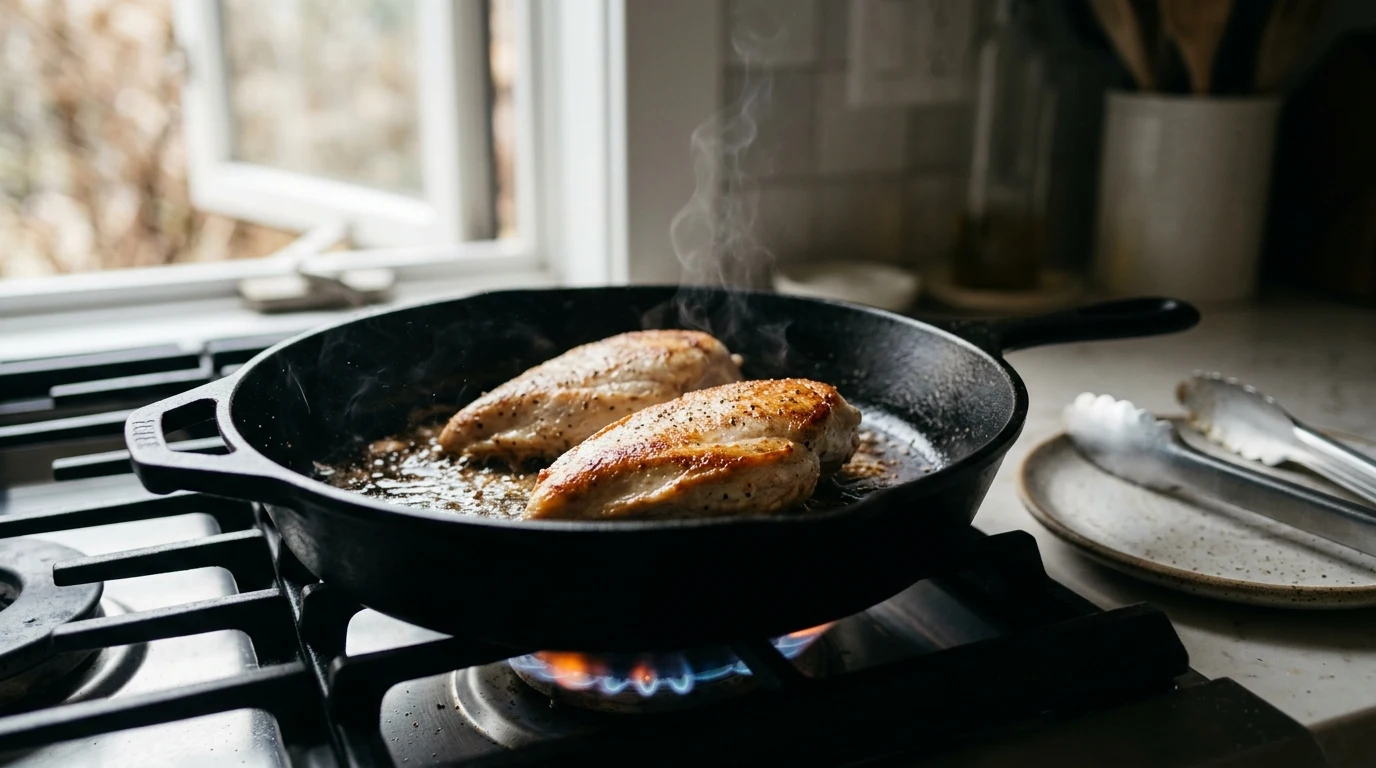 Pepper crusted chicken breasts searing in a cast iron skillet