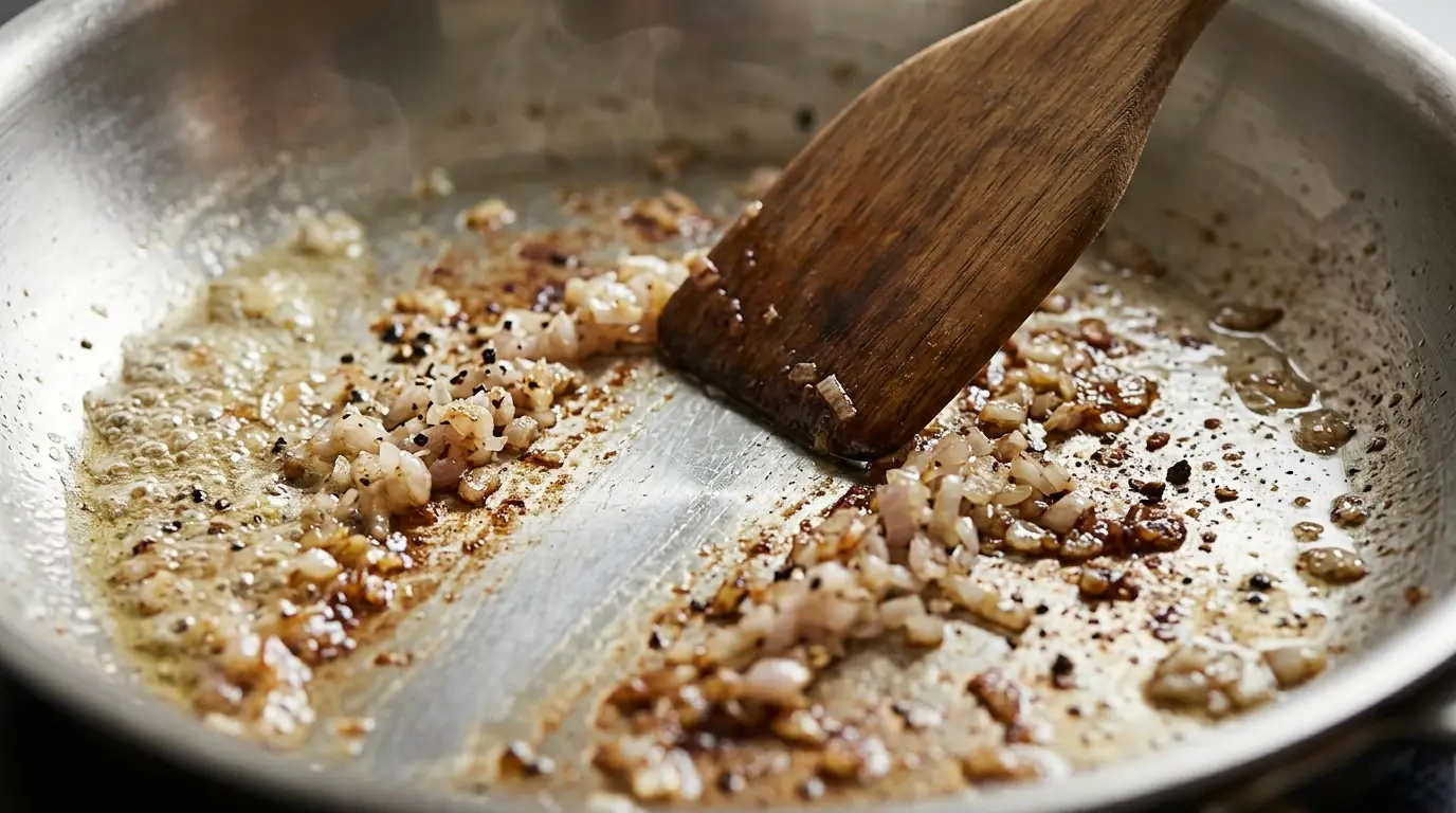 Minced shallots softening in butter over browned bits in a skillet
