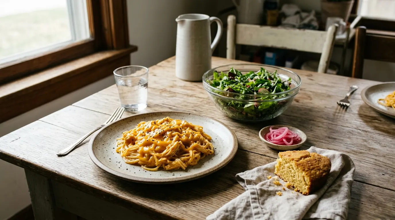Plate of chicken spaghetti served with green salad pickled onions and cornbread