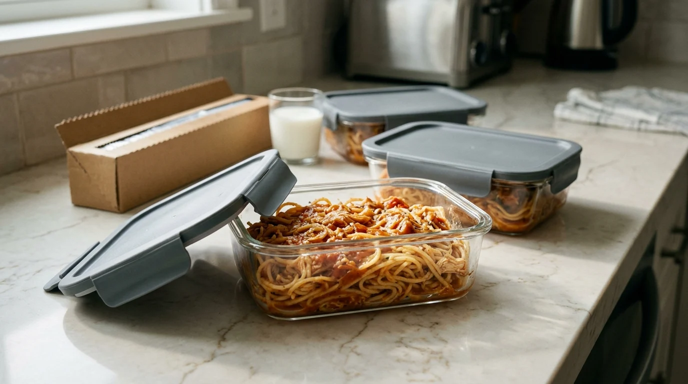 Portions of leftover chicken spaghetti in glass containers ready for the fridge