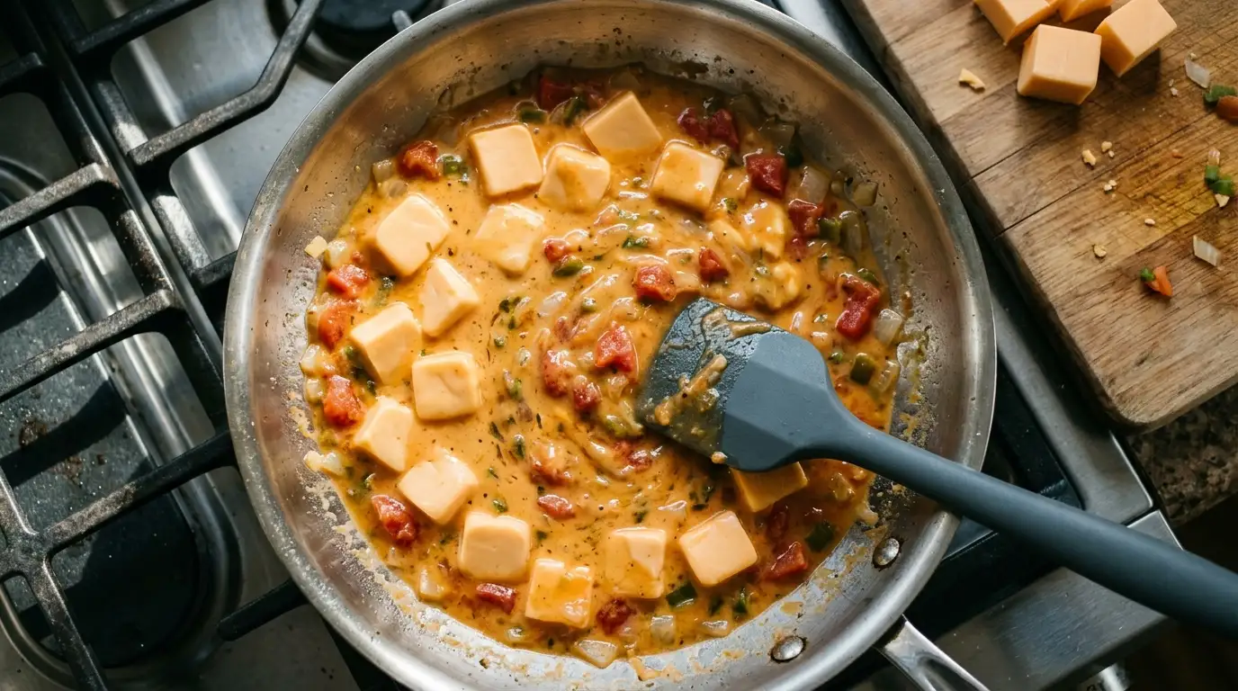 Cubes of processed cheese melting into a sauce with tomatoes and green chiles